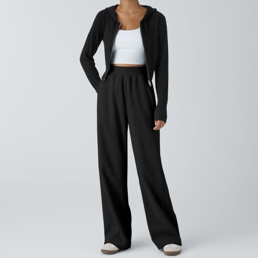 Halara High Waist Wide Straight Leg Mop Corduroy Like Casual Pants Black Small - Picture 10 of 10